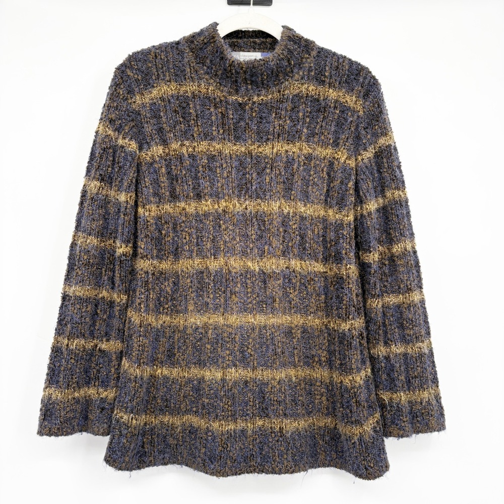 Poles France Womens Blue Gold Striped Fuzzy Boucle Mock Neck Knit Sweater Size 2